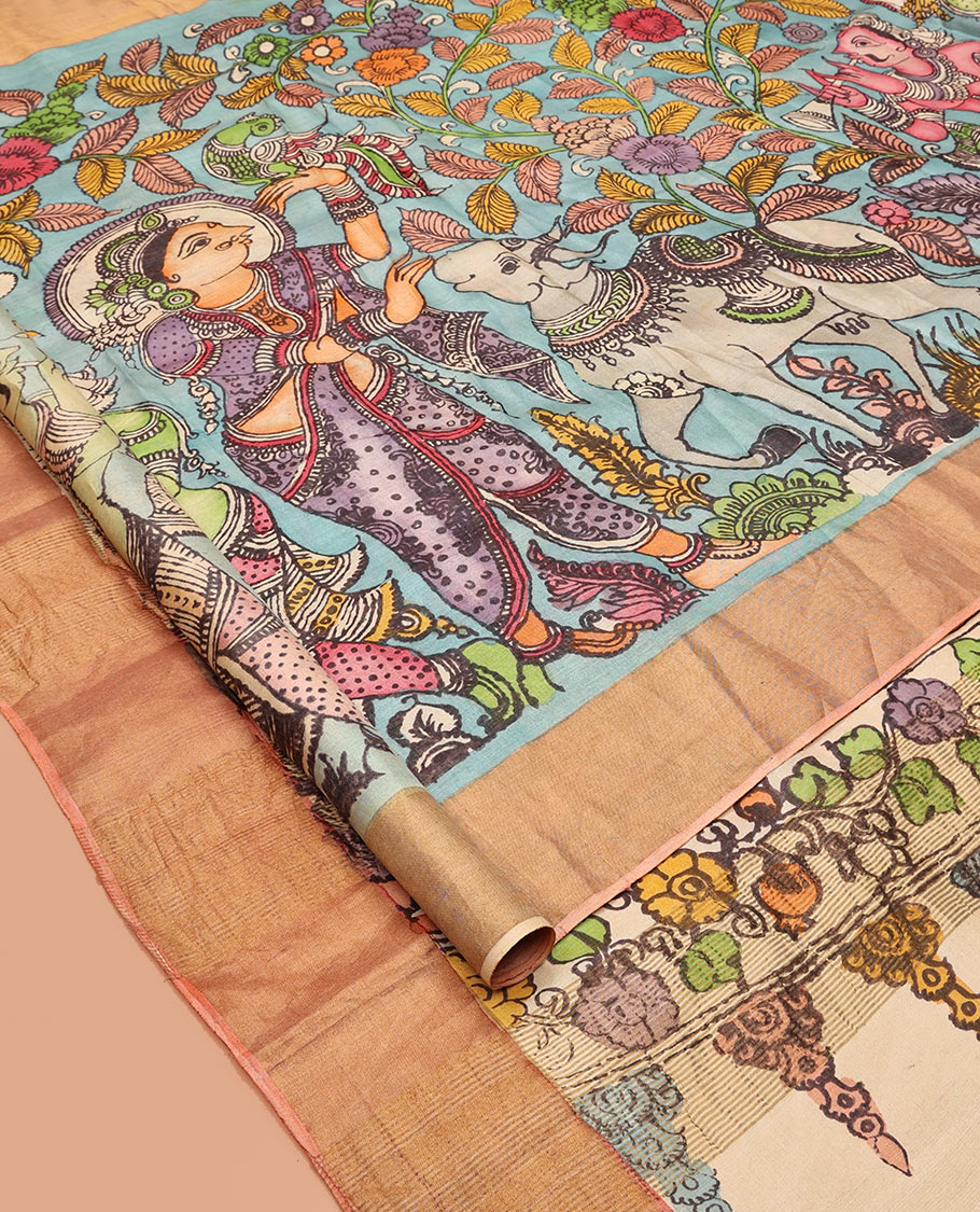 Blue Tussar Kalamkari Saree