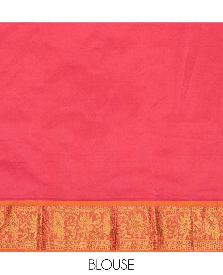 Pink Art Silk Pavadai Material Set, Woven with Zari Designs on Its Skirt, Complemented by a Contrast Floral Creeper Zari Border, and a Matching Blouse