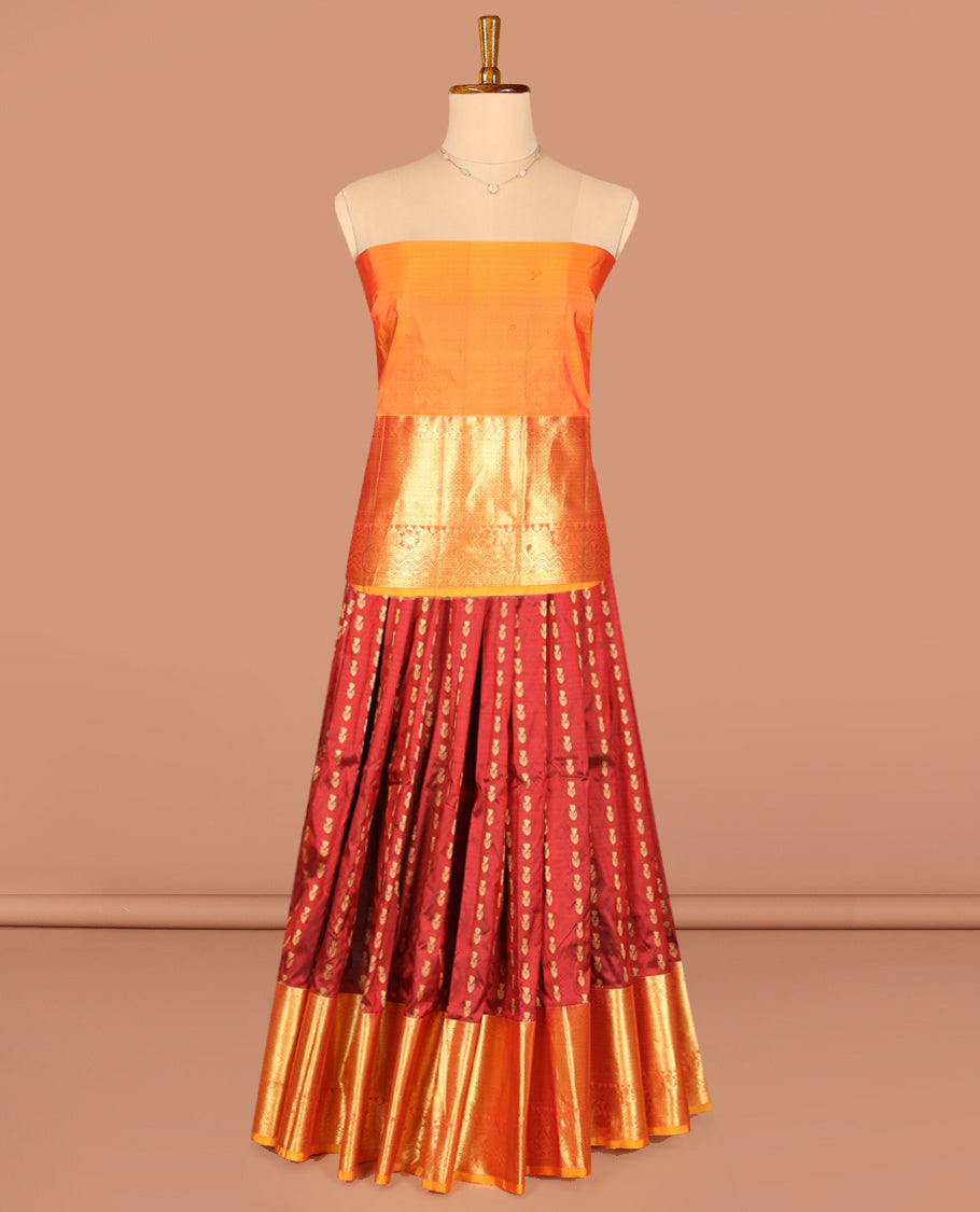 Maroon Pure Silk Half-Saree, Delicately Woven with Zari Buttas All Over Its Skirt, Complemented by a Contrast Border of Jaal, Floral, and Paisley Designs, Paired with a Contrast Blouse, and Comes with a Jaal Design Dhavani