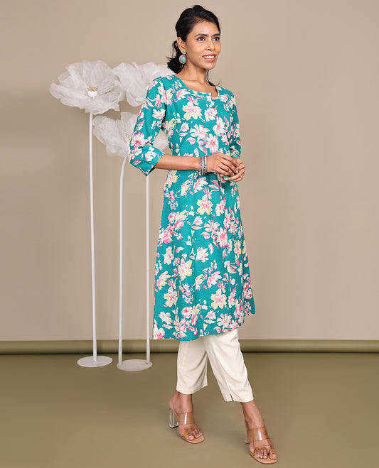 Blue Floral Printed Knee-Length Rayon Kurti, Beautified with Round Neckline, 3/4 Sleeves, and A-Line Length