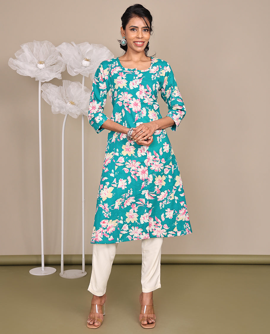 Blue Floral Printed Knee-Length Rayon Kurti, Beautified with Round Neckline, 3/4 Sleeves, and A-Line Length