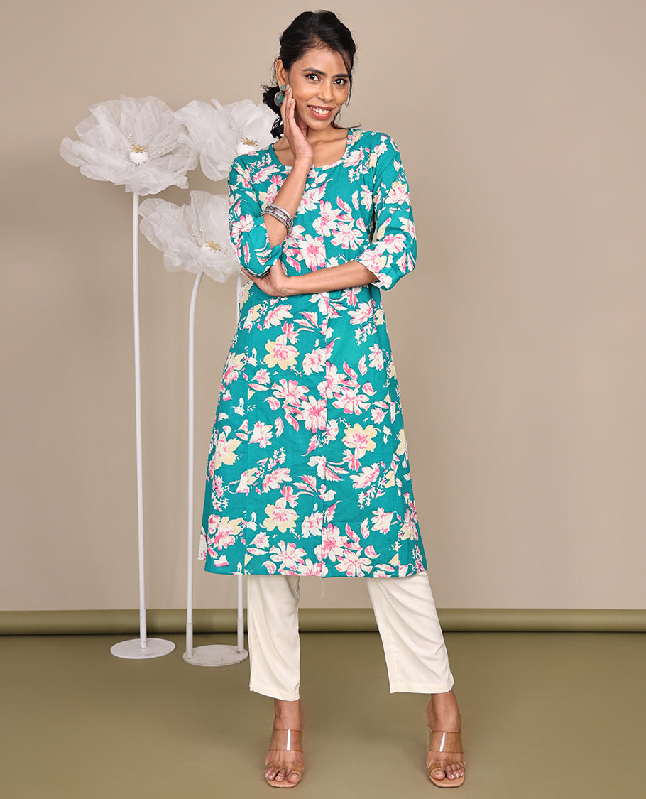 Blue Floral Printed Knee-Length Rayon Kurti, Beautified with Round Neckline, 3/4 Sleeves, and A-Line Length