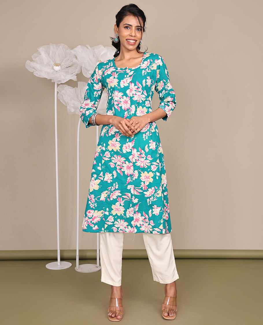 Blue Floral Printed Knee-Length Rayon Kurti, Beautified with Round Neckline, 3/4 Sleeves, and A-Line Length