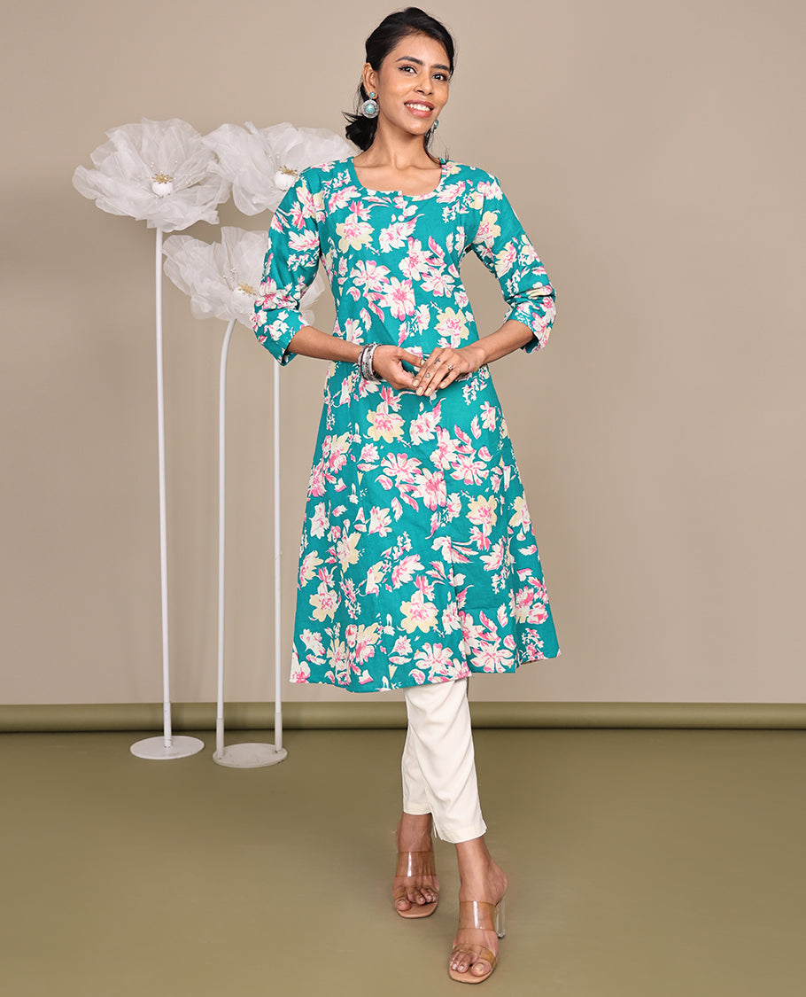 Blue Floral Printed Knee-Length Rayon Kurti, Beautified with Round Neckline, 3/4 Sleeves, and A-Line Length