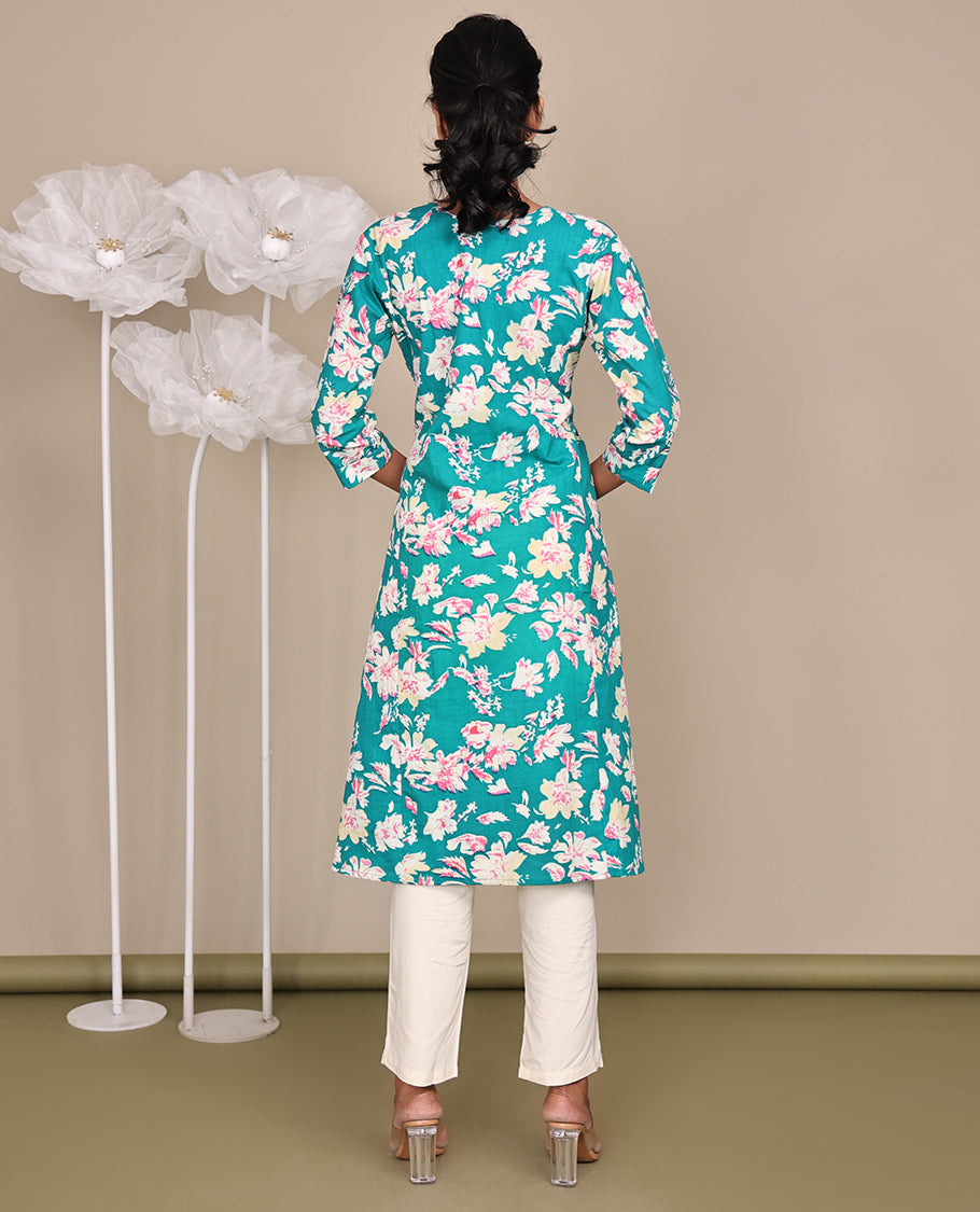 Blue Floral Printed Knee-Length Rayon Kurti, Beautified with Round Neckline, 3/4 Sleeves, and A-Line Length