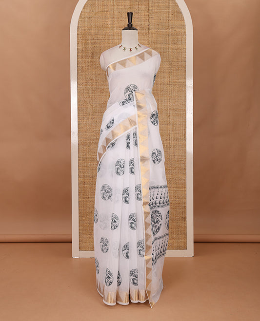 White-green circular motifs printed mercerised cotton saree, gold zari temple  border, circular motifs printed pallu & matching zari border blouse