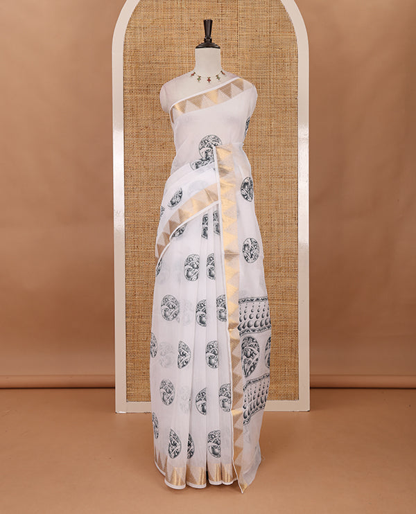 White-green circular motifs printed mercerised cotton saree, gold zari temple  border, circular motifs printed pallu & matching zari border blouse