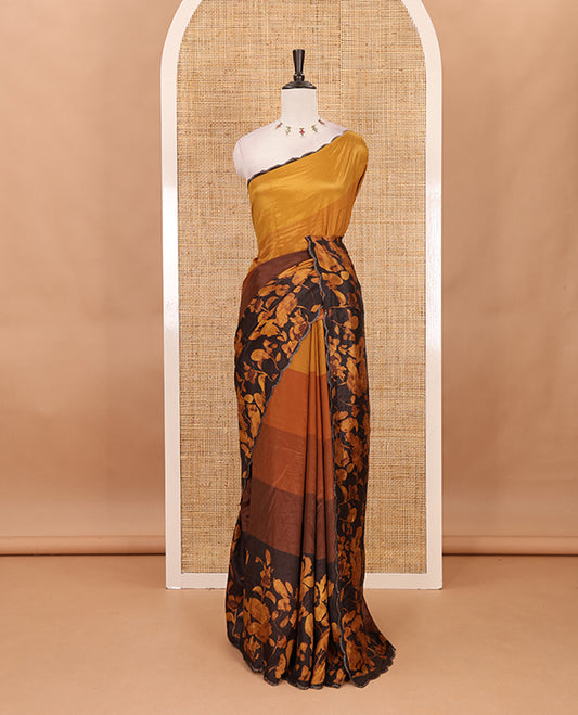 Brown ombre-colored floral printed silk crepe saree, swarovski stone work scallop border, printed pallu & printed blouse