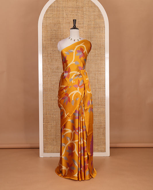 Borderless mustard jamdani weaving design gajji silk saree and  jamdani design self pallu along with printed blouse
