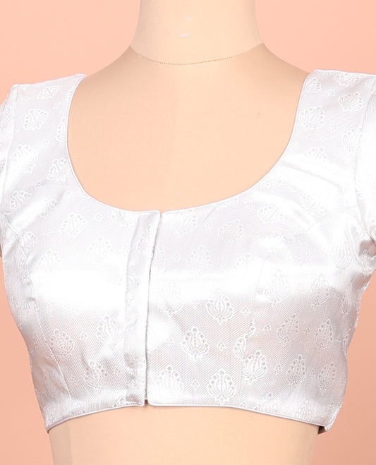 White buttas front-back round neck elbow-sleeve readymade blouse