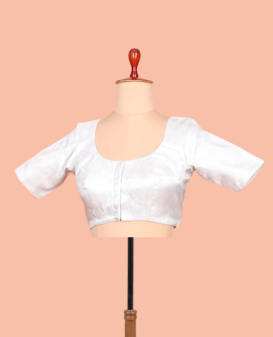 White buttas front-back round neck elbow-sleeve readymade blouse