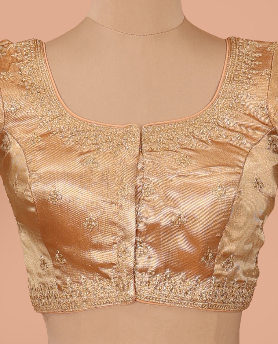 Light gold thread embroidered front-back round neck elbow sleeve blouse
