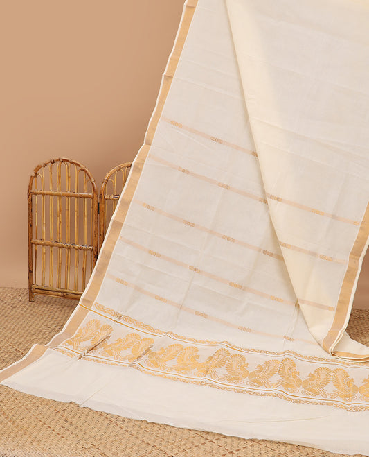 Cream kerala saree with zari stripes, zari border & pallu of peacocks