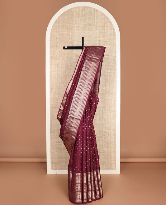 Maroon zari buttas vasundhara silk mix saree, intricate pallu & zari border of muthu,kathir,rudraksham & geometric designs