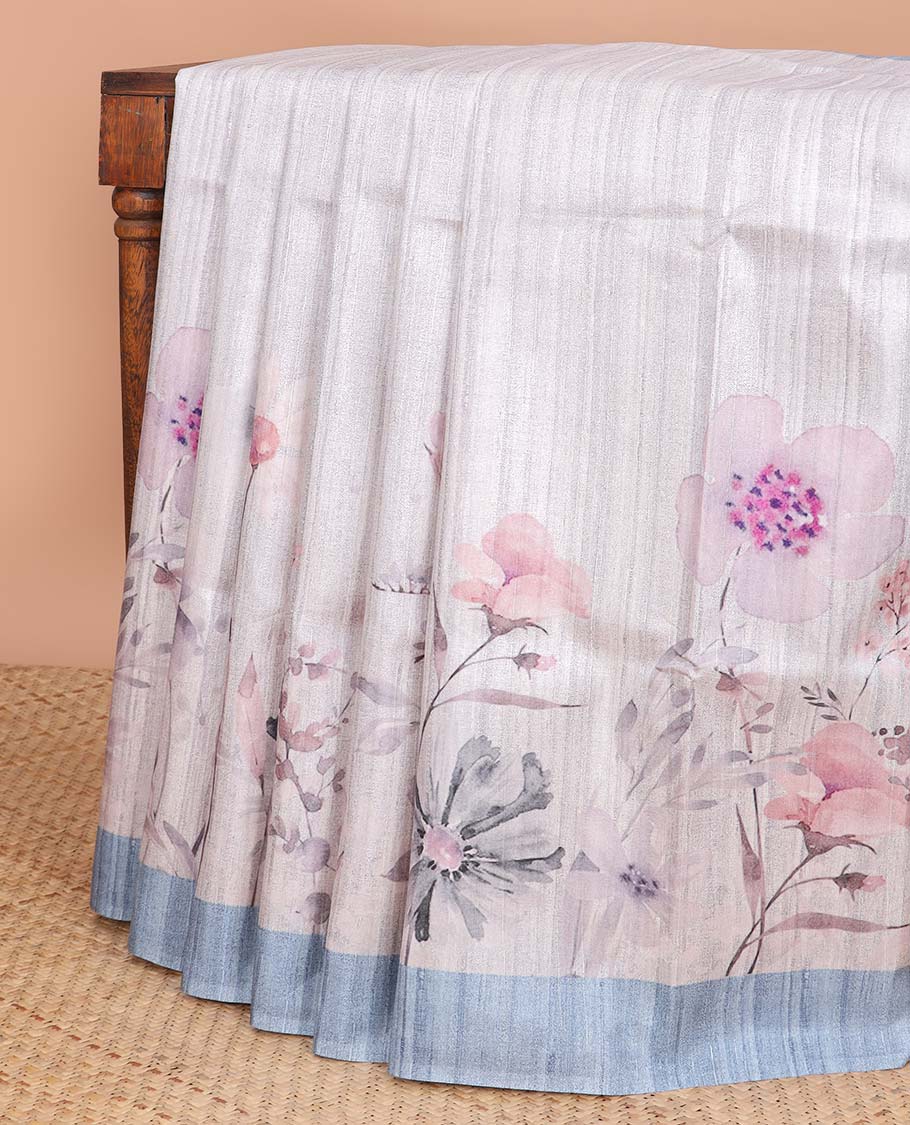 Cream floral digital printed semi-banaras tussar saree with contrast plain border