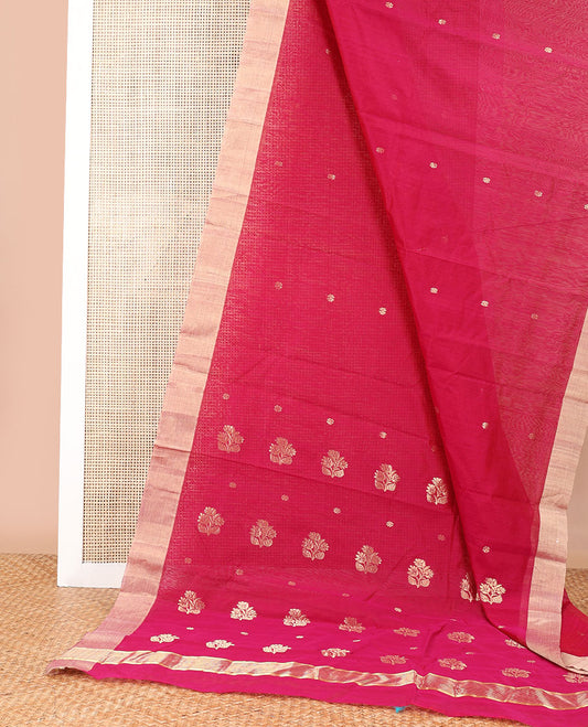 Pink floral motifs chanderi cotton saree with self zari design border & striped pallu