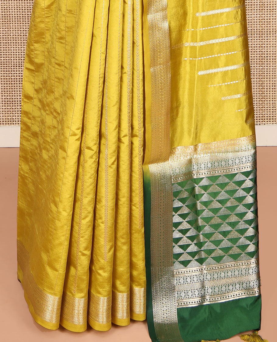 Yellow Dupion Silk Saree, Enriched with Zari Stripes, Highlighted by a Traditional Zari Design Border, Contrast Pallu of Geometric Design, and a Contrast Blouse