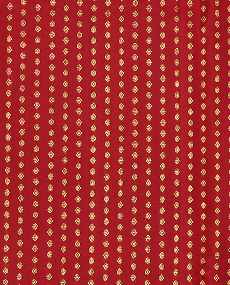 Maroon pure-silk half-saree, zari buttas with contrast traditional zari bordered skirt, zari design blouse, and a mat textured dhavani