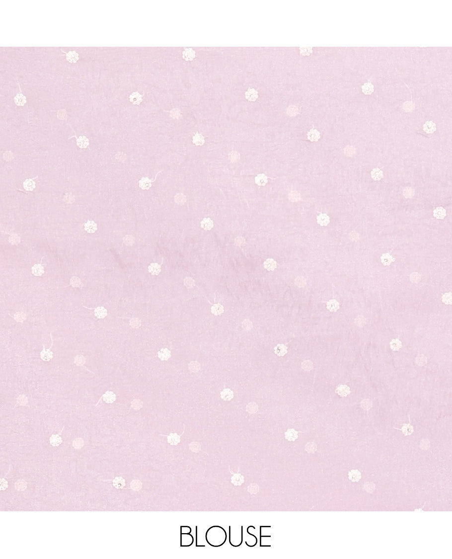 Pale Lavender Organza Saree, Finely Crafted with Flower-Embroidered Motifs, a Scallop Floral Embroidered Border, and a Matching Blouse