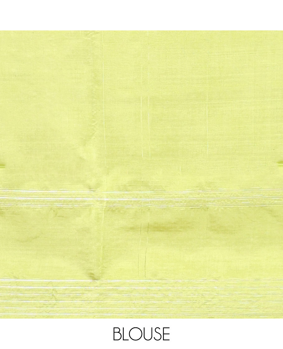 Green Banana Pith Saree, Sparsely Woven with Buttas All Over Its Body, Subtle Striped Border, Pallu Steeped with Stripes, and Paired with a Matching Blouse
