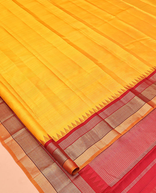 Yellow-Striped Bangalore Silk Saree, Complemented by a Contrast Temple Geometric Border, Pallu of Temple and Neli Designs, and a Contrast Blouse