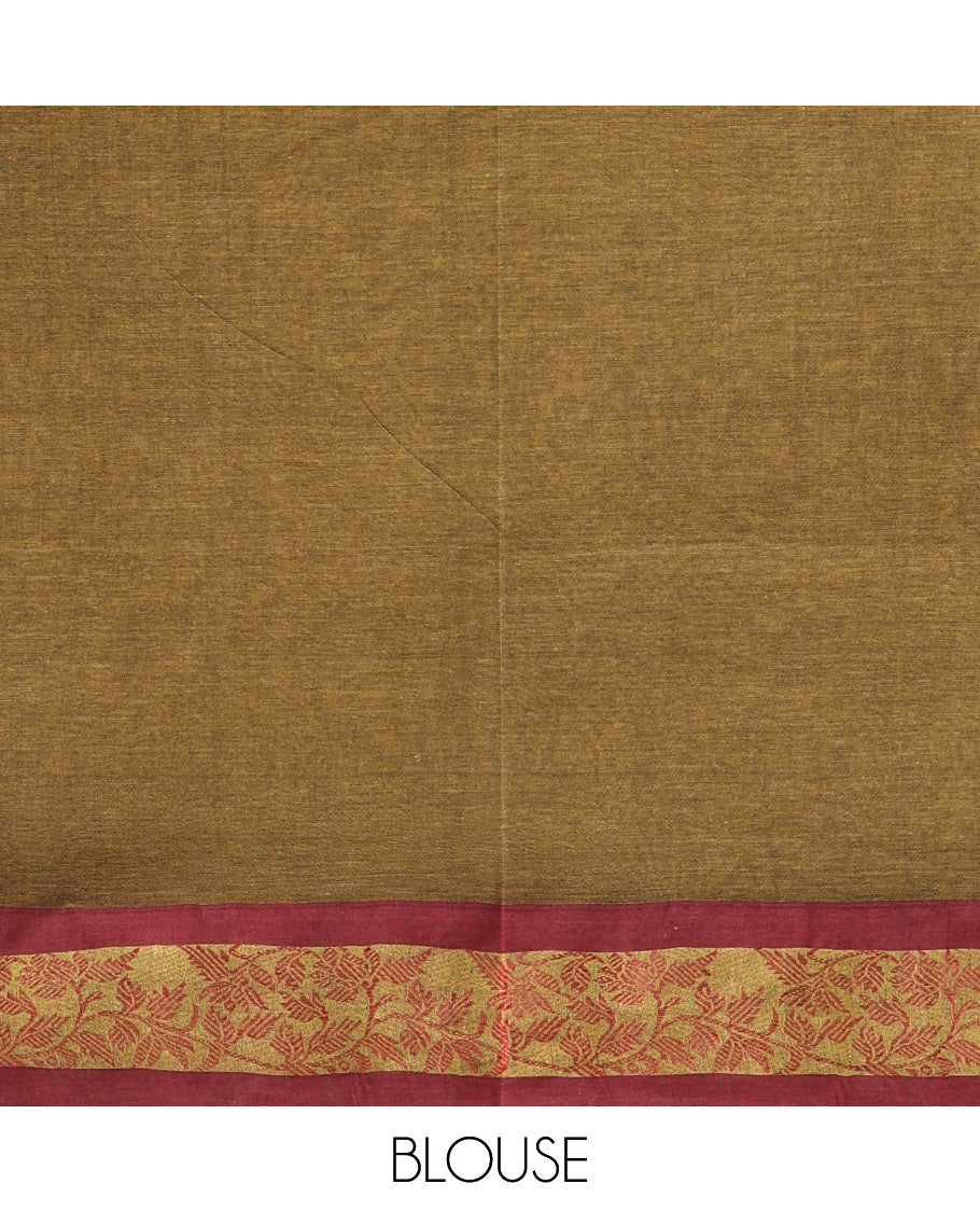 Green Plain Bengal Cotton Saree, Complemented by a Contrast Floral Creeper Design Border, Pallu of Stripes, and Paired with a Matching Blouse