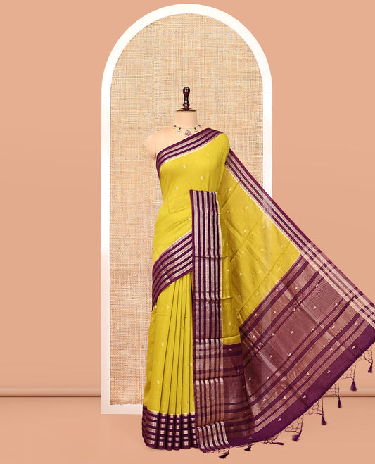 Green Assam Silk Saree, Ornamented with Zari Buttas, Complemented by a Contrast Traditional Zari Border, Striped Pallu, and a Contrast Blouse