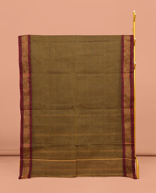 Green Plain Bengal Cotton Saree, Complemented by a Contrast Floral Creeper Design Border, Pallu of Stripes, and Paired with a Matching Blouse