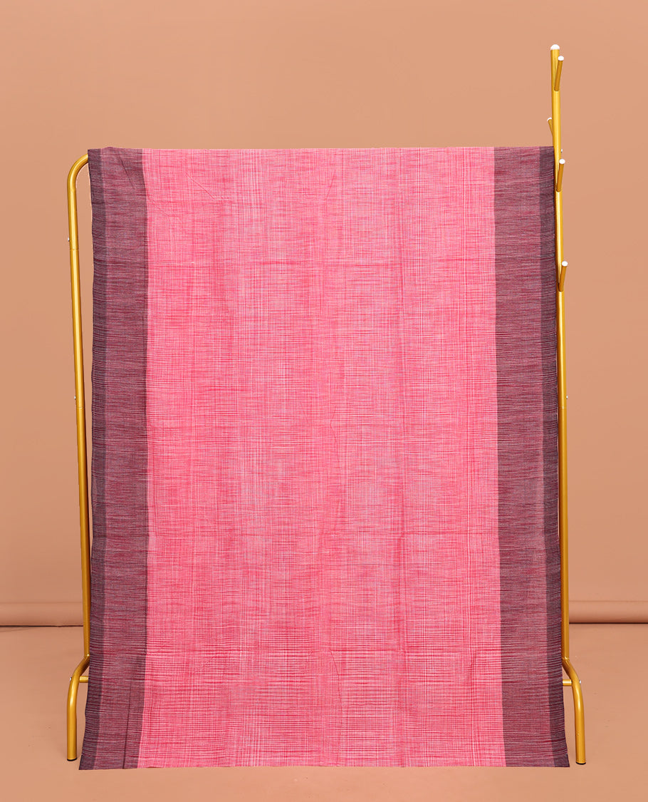 Pink Heathered Textured Mangalgiri Cotton Saree, Complemented by Contrast Border, Striped Pallu, and Paired with a Contrast Blouse
