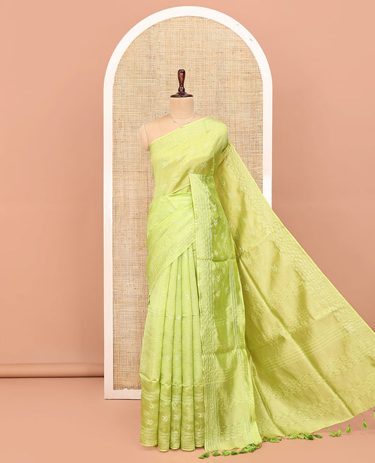Green Banana Pith Saree, Sparsely Woven with Buttas All Over Its Body, Subtle Striped Border, Pallu Steeped with Stripes, and Paired with a Matching Blouse