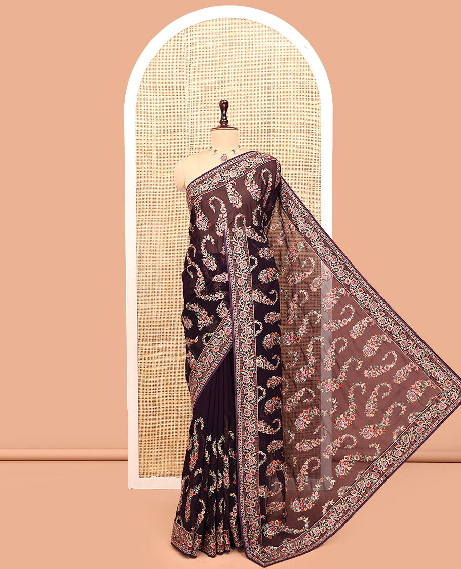 Purple Georgette Designer Saree Features Color-Thread Paisley Embroidery, Matching Blouse