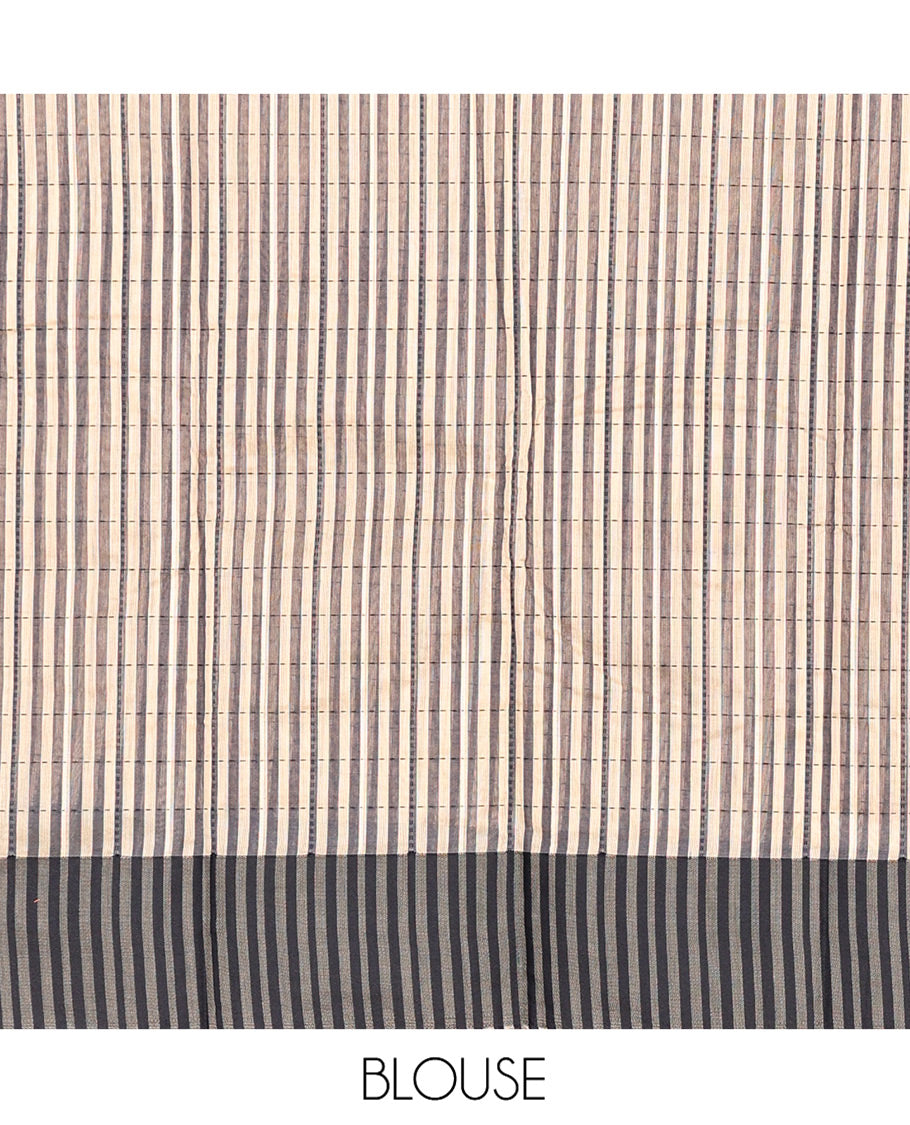 Cream Semi-Silk Cotton Saree, Subtly Sparkled with Checks All Over Its Body, Complemented by a Contrast Border, Striped Pallu, and Paired with a Matching Blouse