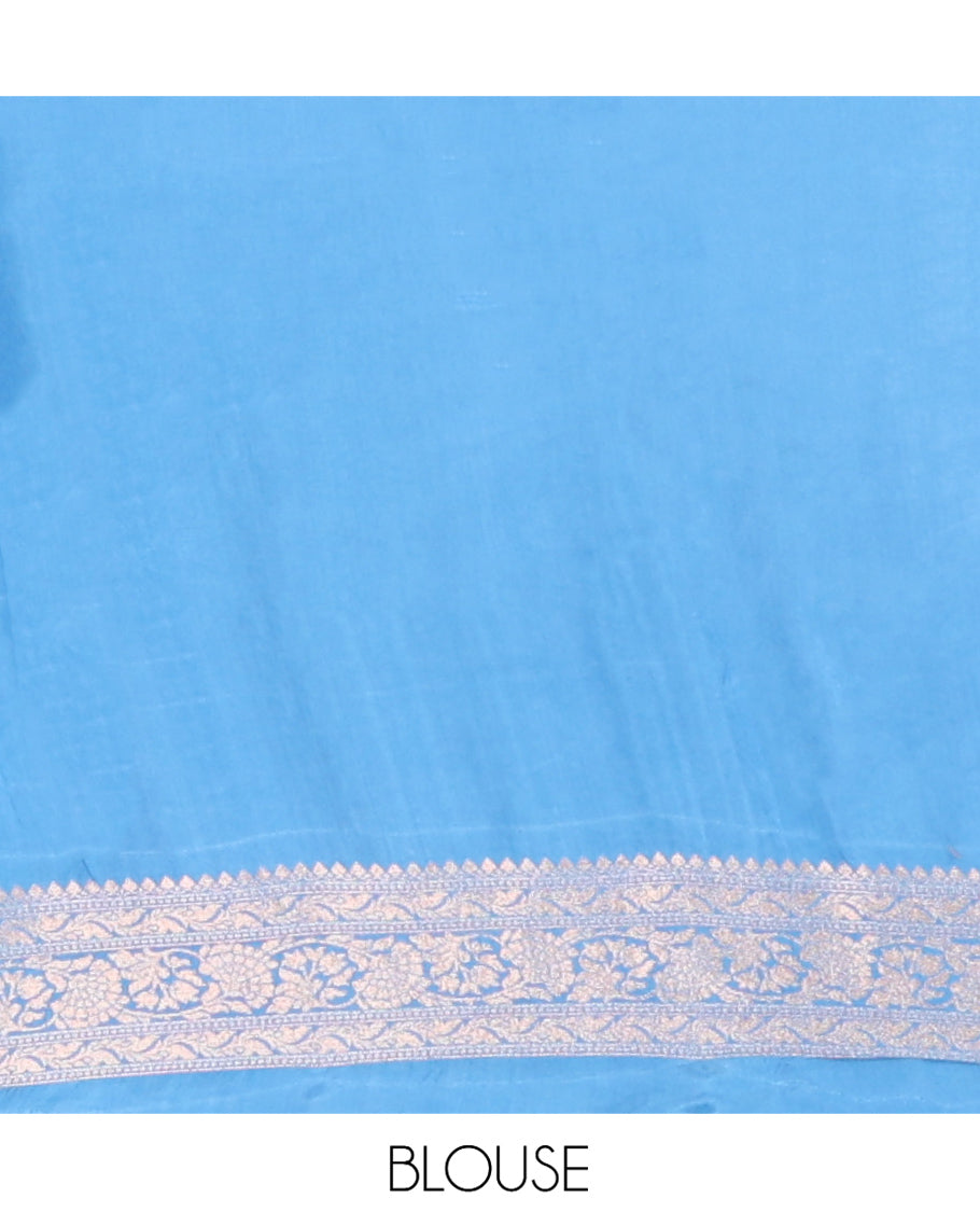 Blue Fancy Crepe Saree, Graced with Buttas, Complemented by a Contrast Floral Border, Intricately Designed Pallu, and a Contrast Blouse