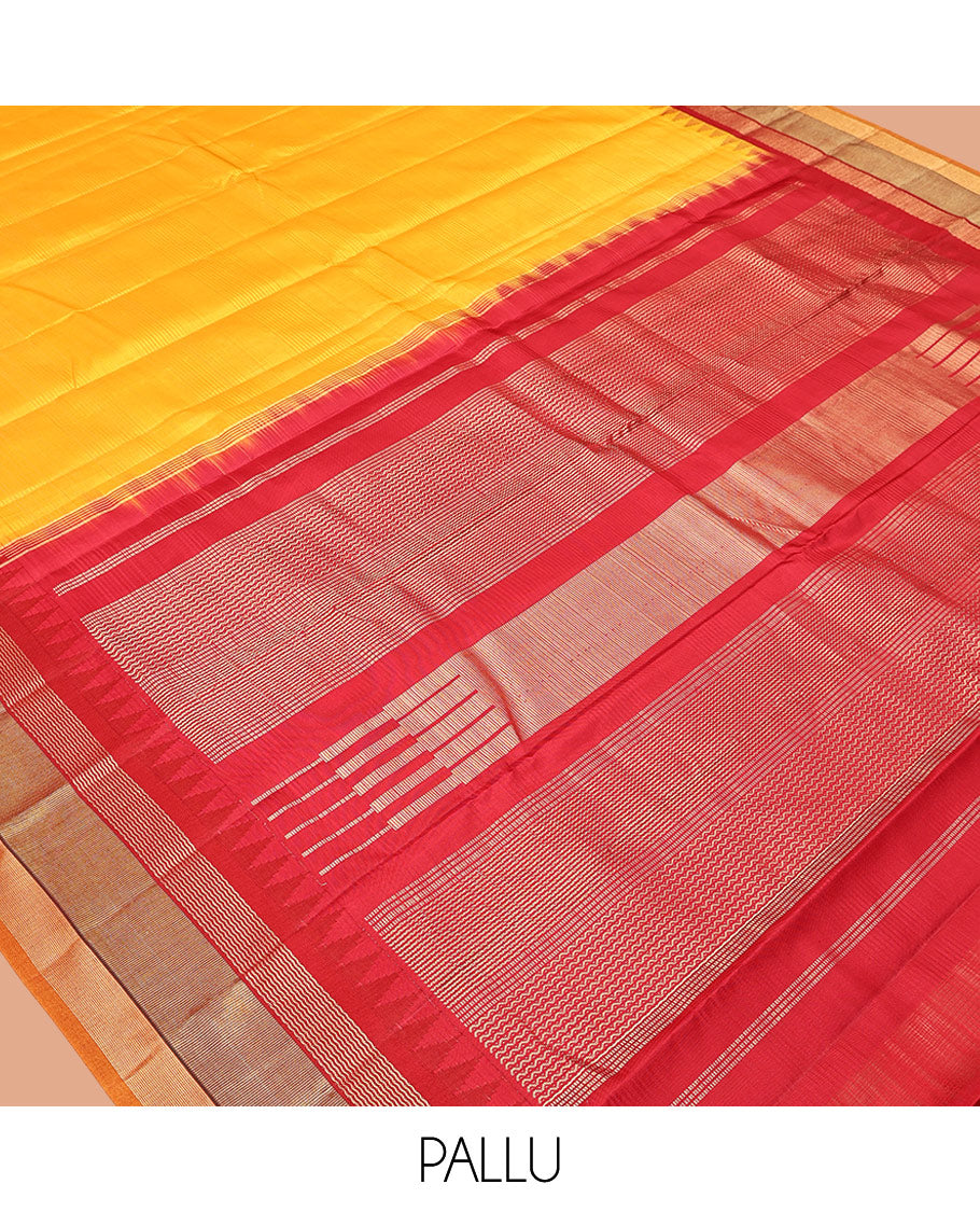 Yellow-Striped Bangalore Silk Saree, Complemented by a Contrast Temple Geometric Border, Pallu of Temple and Neli Designs, and a Contrast Blouse