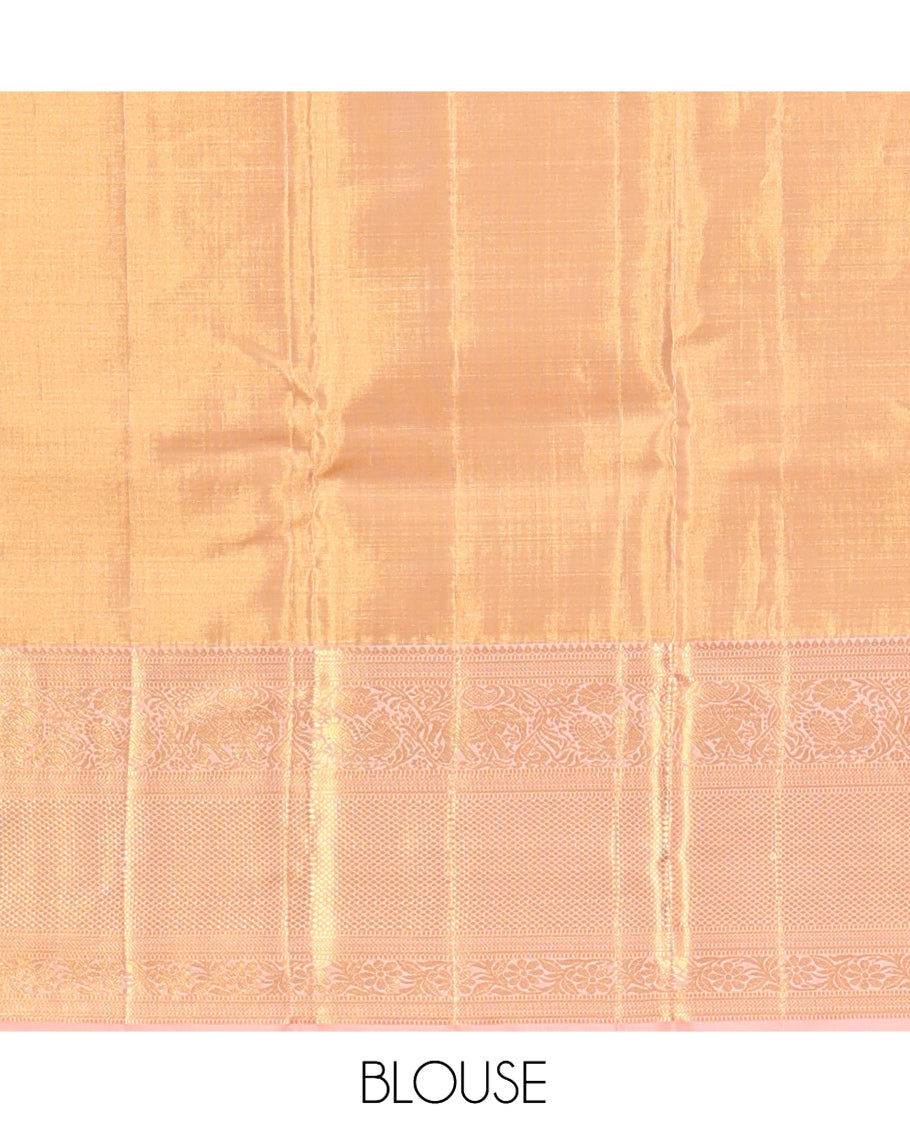 Gold Kanchipuram Tissue Silk Saree, Woven with Jacquard, Complemented by Contrast Zari Border of  Thilakam, Kathir, Mayil, Yaanai, Kuyil Kann, and Kodi Visiry, Jaal Pallu, and Contrast Blouse