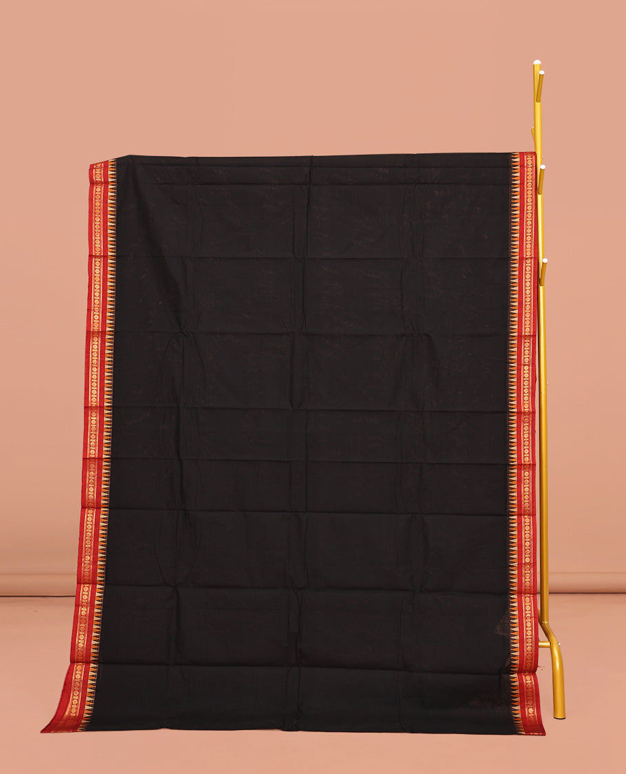 Black Plain Chettinad Cotton Saree, Complemented by a Contrasting Traditional Zari Design Border, a Pallu of Stripes, and Paired with a Matching Blouse