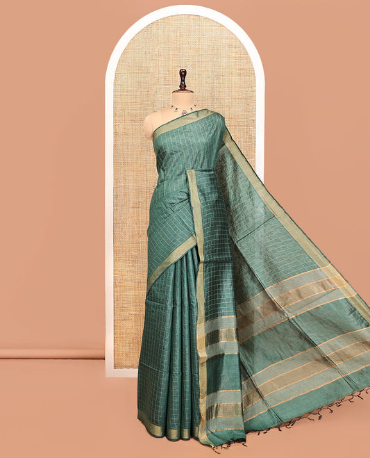 Green Tussar Silk Saree, Crafted with Checks, a Subtle Border, a Self-Pallu, and a Matching Blouse