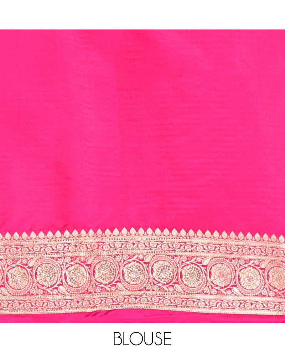 Yellow Banarasi Satin Saree, Majestically Detailed with Floral Jaal Jacquard, a Contrast Floral Creeper Border, Intricate Stonework Pallu, and a Contrast Blouse