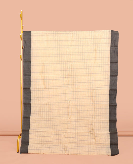 Cream Semi-Silk Cotton Saree, Subtly Sparkled with Checks All Over Its Body, Complemented by a Contrast Border, Striped Pallu, and Paired with a Matching Blouse