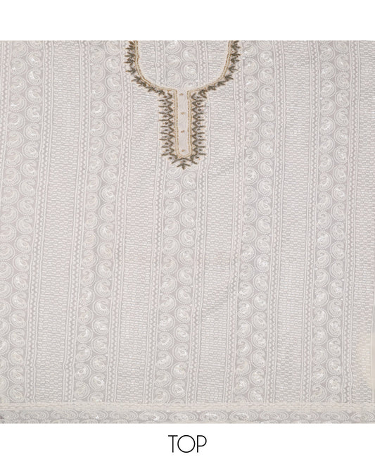 Cream Material Chudidar Set, Beautified with Chikankari-Style Thread and Sequins Embroidered on Georgette Top, a Plain Santoon Bottom, and Paired with a Floral Print and Chikankari-Style Embroidered Georgette Dupatta