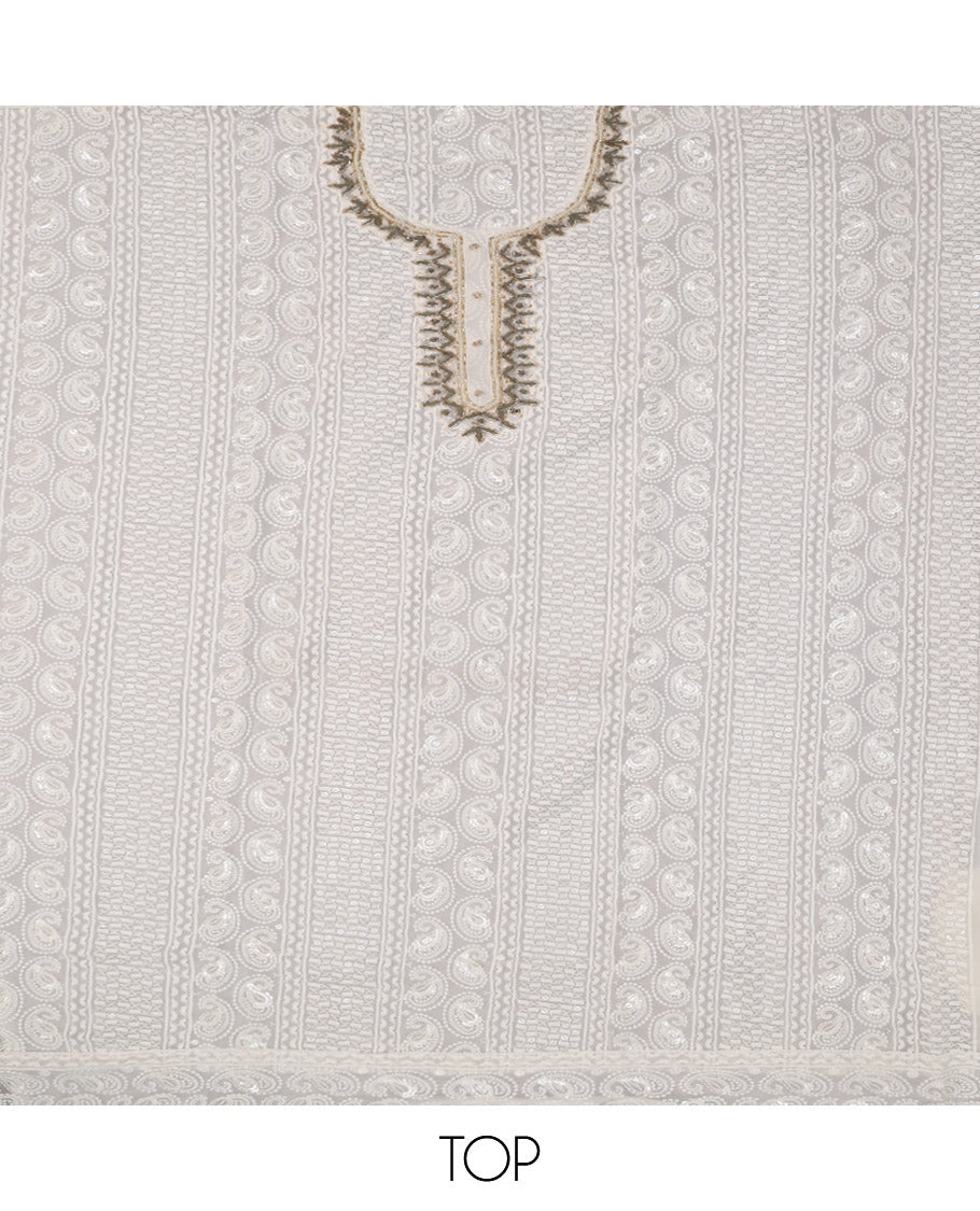 Cream Material Chudidar Set, Beautified with Chikankari-Style Thread and Sequins Embroidered on Georgette Top, a Plain Santoon Bottom, and Paired with a Floral Print and Chikankari-Style Embroidered Georgette Dupatta