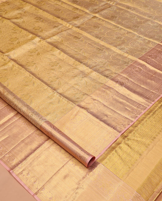 Gold Kanchipuram Tissue Silk Saree, Woven with Jacquard, Complemented by Contrast Zari Border of  Thilakam, Kathir, Mayil, Yaanai, Kuyil Kann, and Kodi Visiry, Jaal Pallu, and Contrast Blouse