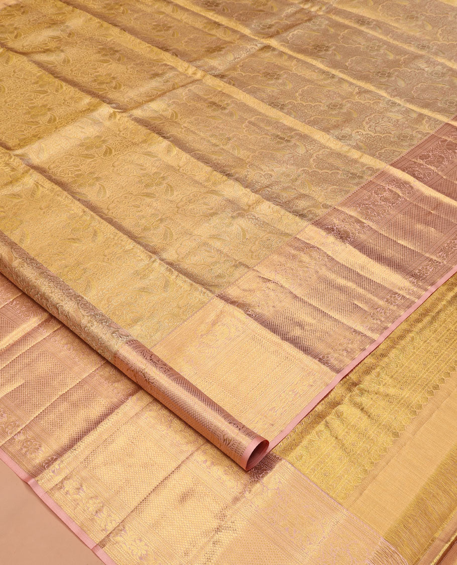 Gold Kanchipuram Tissue Silk Saree, Woven with Jacquard, Complemented by Contrast Zari Border of  Thilakam, Kathir, Mayil, Yaanai, Kuyil Kann, and Kodi Visiry, Jaal Pallu, and Contrast Blouse