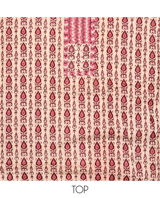 Sandal-Base and Red Cotton Material Chudidar Set, Adorned with Batik-Style Intricate Print on Its Top, a Batik Chevron Printed Cotton Bottom, and Paired with an Intricately Printed Dupatta