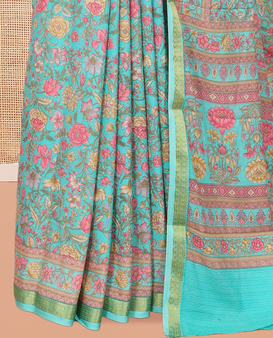 Blue Printed Silk Saree, Bedecked with Floral Vine Print, a Traditional Zari Border, Floral Pallu, and a Matching Blouse