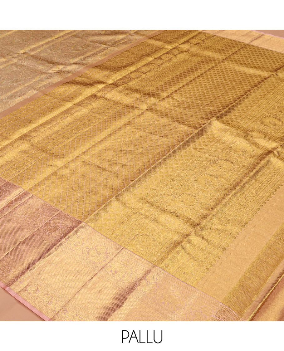 Gold Kanchipuram Tissue Silk Saree, Woven with Jacquard, Complemented by Contrast Zari Border of  Thilakam, Kathir, Mayil, Yaanai, Kuyil Kann, and Kodi Visiry, Jaal Pallu, and Contrast Blouse
