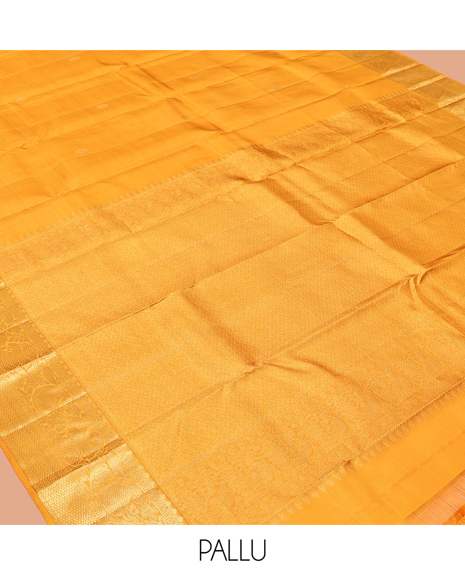 Yellow Kanchipuram Silk Saree, Sparsely Woven with Zari Buttas and Muthu Stripes, a Zari Border of Thilakam Mokku, Muthu, Iruthalai Pakshi, Manga, and Mayil Kann, Jaal Pallu, Matching Blouse
