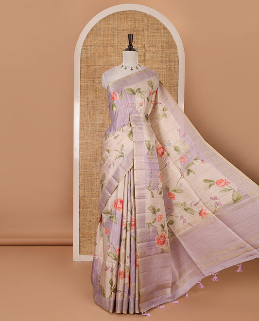 Light lavender floral-leaf printed fancy tussar silk saree, zari woven border & zari striped pallu & matching stripes & floral printed blouse