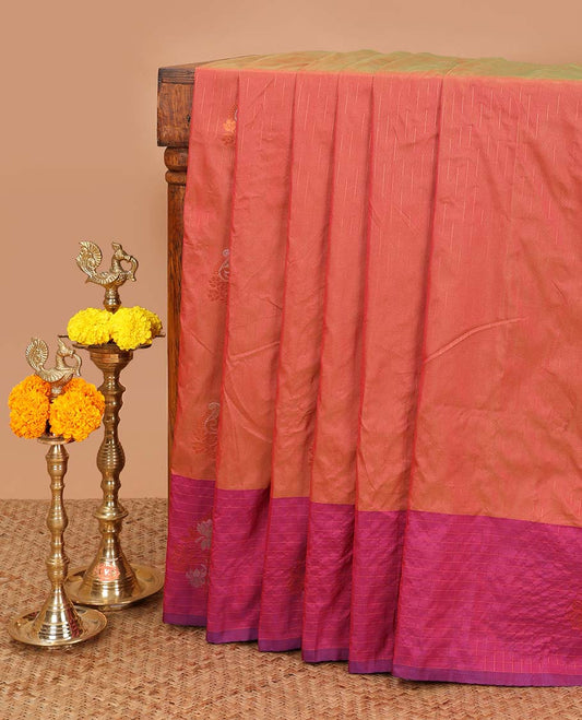 Pink zari mango butta design soft silk saree with lotus flower design border & rich weaving pallu along with butta design blouse