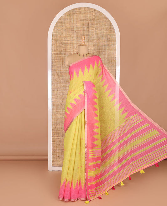 Lemon yellow small thread buttas linen cotton saree, contrast temple zari piping border, striped pallu and a contrast blouse